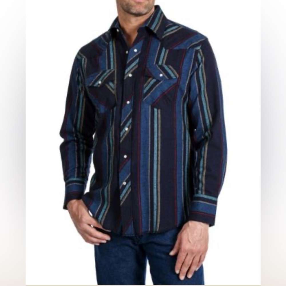 Wrangler Men's Long Sleeve Navy Stripe Pearl Snap Button Up Shirt size 2XT